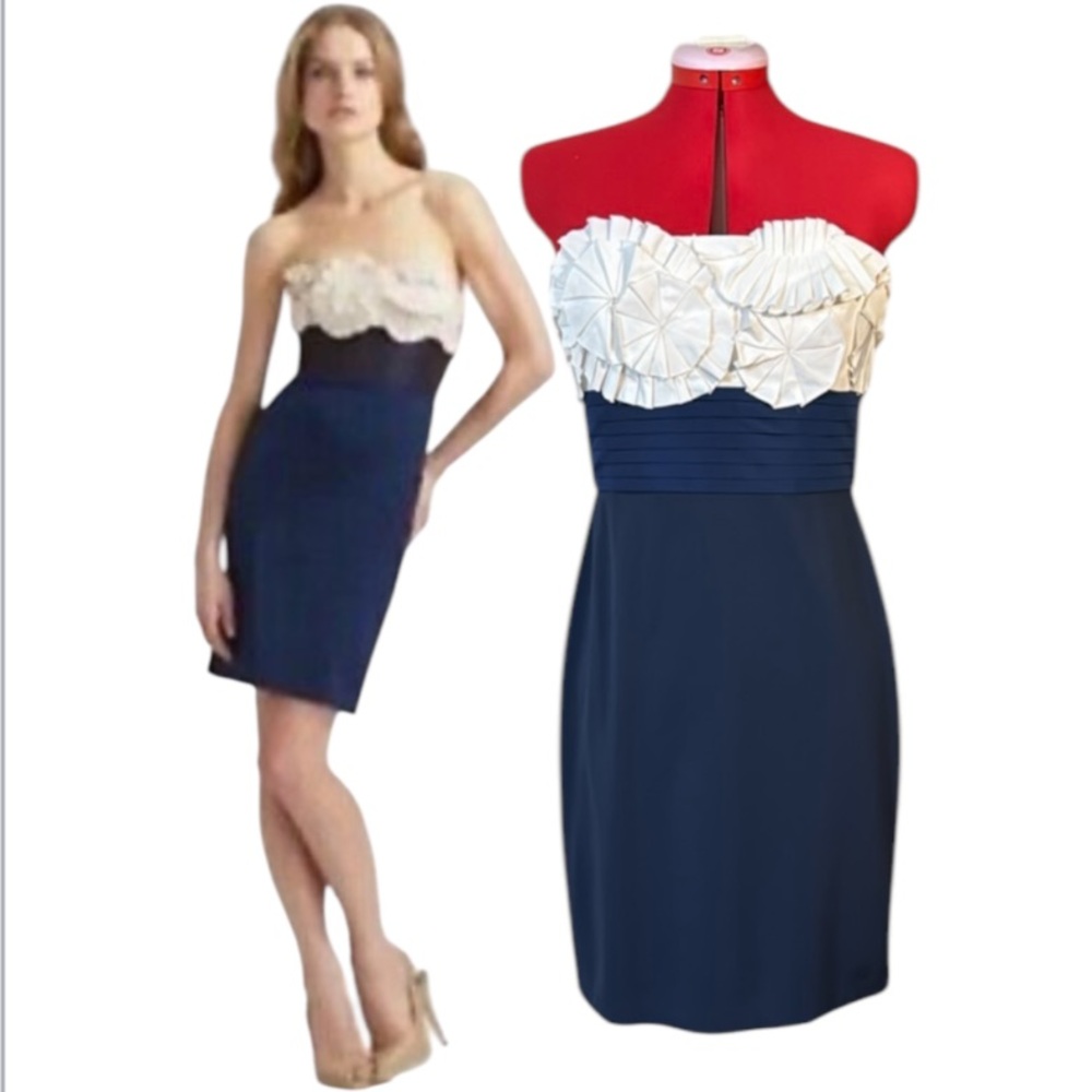 BCBGMaxAzria Carbon Navy and White Flower Strapless Dress Size 8
